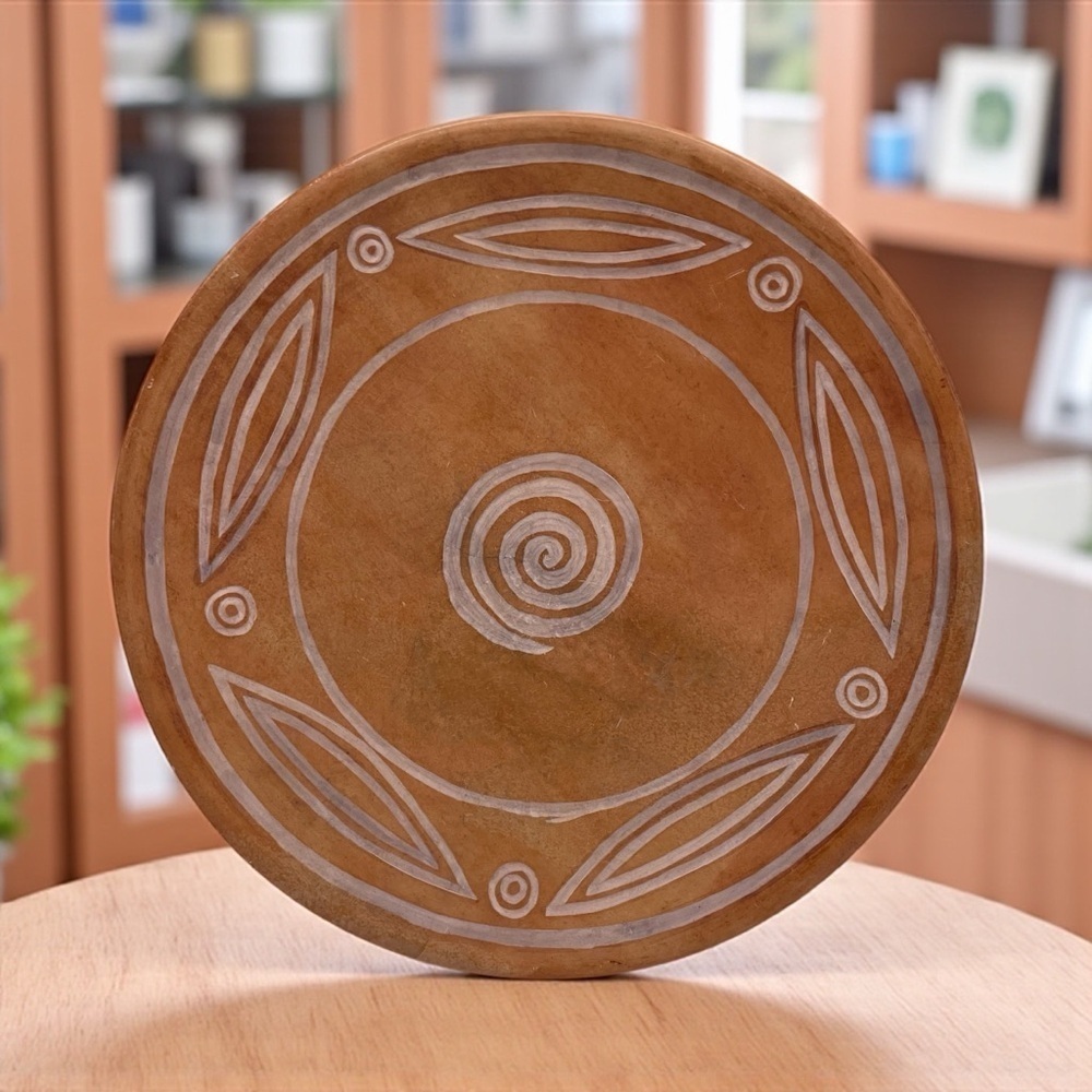 Hand-Carved Kenyan Soapstone Decorative Plate, 12” Tribal Pattern Wall Table Art